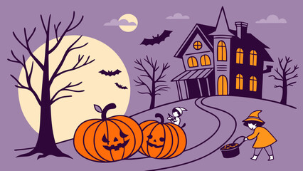 Flat vector illustration of Halloween party with pumpkins, haunted house, kids in costumes, bats, candy collection, spooky night background and seasonal festive design