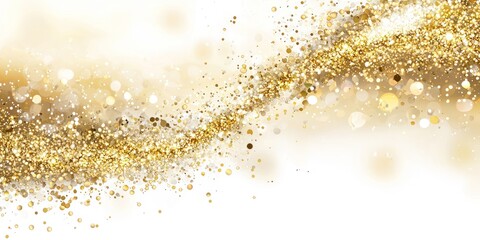 A dynamic, abstract background featuring a flowing wave of golden glitter and sparkles against a white and black gradient.