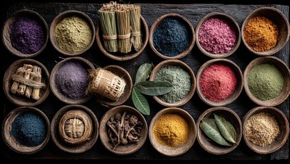 Array of natural pigments and spices in small bowls on a dark wooden tray