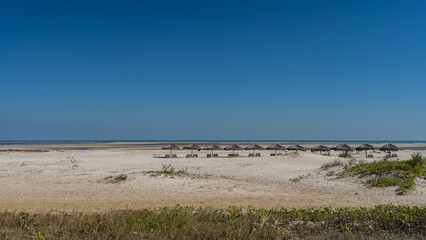 A row of sun loungers under straw umbrellas on a spacious sandy beach. The ocean is far ahead. Clear blue sky. Green vegetation in the foreground. Copy space. Madagascar. Morondava. Mozambique Channel