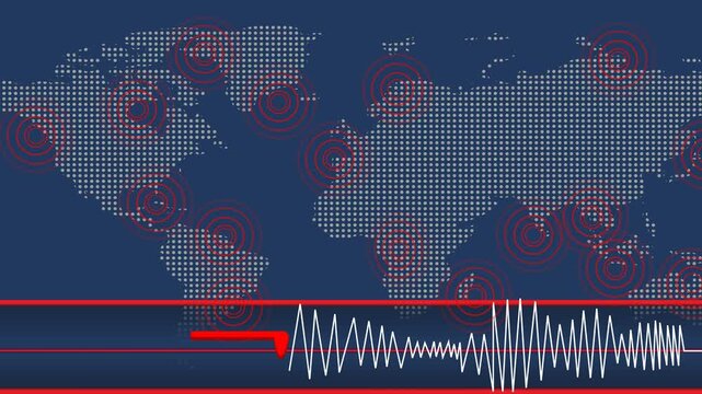 Earthquake with word map, blinking dot, Seismograph Loop - Animated seismograph records earthquake tremors