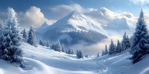 Obraz premium Snow-covered mountain peak with spruce trees on the slopes.