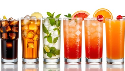 Assorted colorful iced drinks presented in a row, showcasing refreshment and variety for summer.