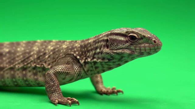Brown patterned lizard walking on green screen. Close-up of a reptile isolated on chroma key background for compositing.