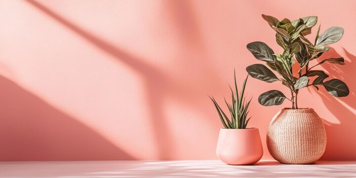 A pink wall is illuminated by sunlight, casting dramatic shadows across the surface. Two potted plants sit on a light-colored table in the foreground. 
