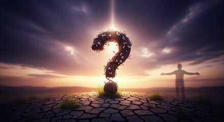 A question mark on cracked ground with a person in the distance against a sunset sky background