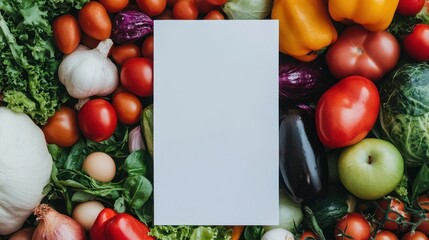 Fresh colorful vegetable assortment with leafy greens, tomatoes, peppers, and herbs surrounding a blank white card for culinary or healthy food themes