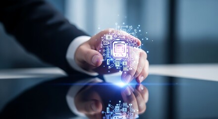 Hand interacting with digital interface overlay on a reflective surface in a modern setting