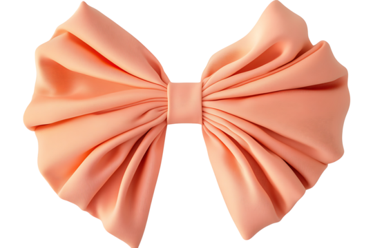 Peach fabric bow tied in symmetrical loops, isolated 