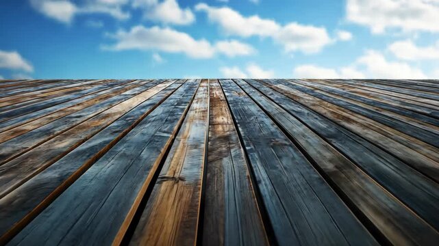 Textured Wooden Decking with Softly Blurred Sky and Clouds A Serene Outdoor Ambiance.
