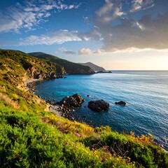 Fototapeta premium Coastal landscape at sunrise. Lush greenery meets turquoise water