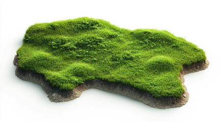 Fototapeta premium A 3D render shows a piece of land covered in lush green grass and small bushes, with visible soil layers on its irregular edges, all against a white background.