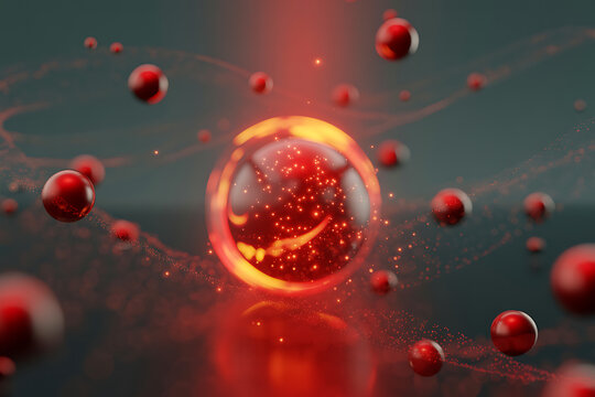 Microscopic view of glowing red cells suspended in a dark nebulous environment with light rays
