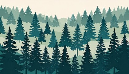 Fototapeta premium Scenic illustration of a dense pine forest with layered green trees in a tranquil natural landscape emphasizing lush foliage and peaceful wilderness atmosphere