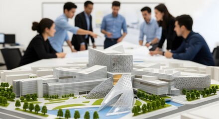 A group of architects collaboratively reviews building plans and a detailed architectural model on a large table in a bright office.