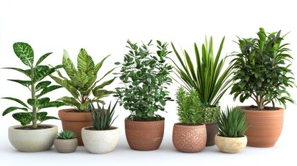 Obraz premium A collection of potted plants is arranged in a row on a white surface. The plants vary in size, shape, and leaf type, and are placed in a variety of terracotta pots. 