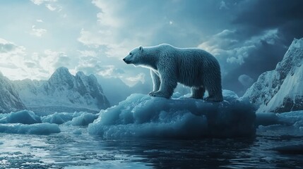 Naklejka premium A majestic polar bear stands confidently on a large ice floe in a frigid arctic landscape. The bear, with thick white fur, is facing towards the viewer, its head held high. It is positioned on a small