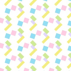 A fresh and clean seamless pattern with a delightful geometric arrangement. The pastel shapes—pink, green, blue, and yellow—are playfully scattered against a crisp white background.