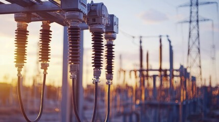 A close-up shot of a large electrical substation structure against a vibrant sunset sky. The structure features multiple insulators connected to high-voltage cables, with a power transmission tower