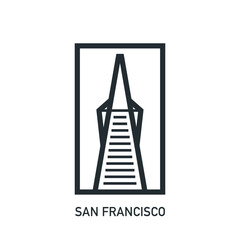 San Francisco, USA skyscraper tower, city landmark clip art. Thin line vector pictogram, emblem, logo, icon, badge graphic. Flat, black monument image