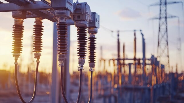A close-up shot of a large electrical substation structure against a vibrant sunset sky. The structure features multiple insulators connected to high-voltage cables, with a power transmission tower