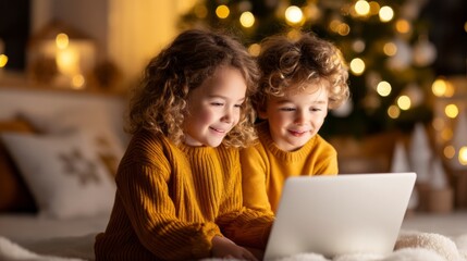Two children happily engaged with a laptop in a cozy, festive setting, surrounded by soft lighting and Christmas decorations.