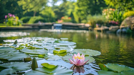 A serene pond scene features a single pink lotus flower floating gracefully on the water's surface. Lush green foliage surrounds the pond, with trees and shrubs visible in the background. 