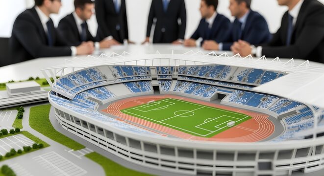Businessmen in suits discuss a stadium model, planning a sports venue project.