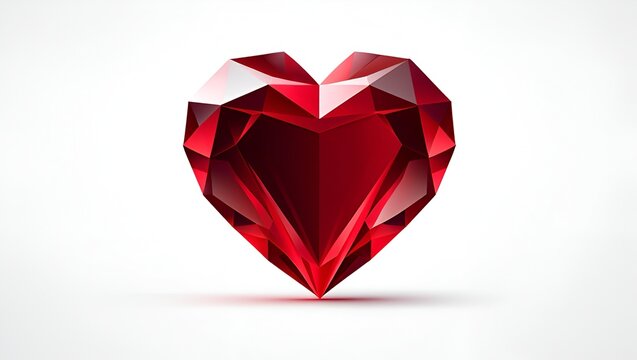 A faceted red crystal heart reflects light, conveying love, passion and brilliant beauty on white