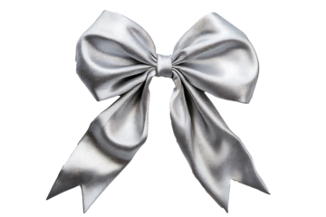 Silver grey fabric bow with elegant shimmer, on white background 