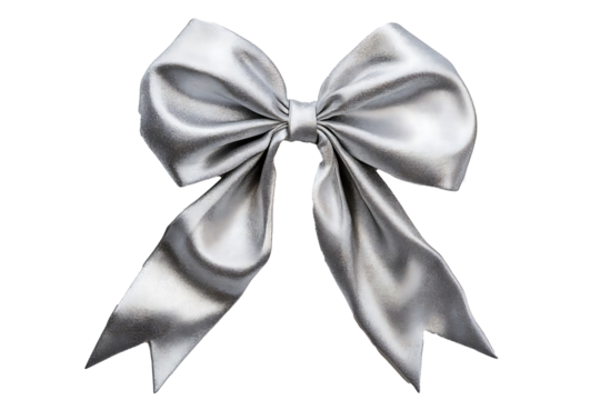 Silver grey fabric bow with elegant shimmer, on white background 