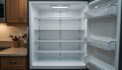 Fototapeta premium An open, empty refrigerator with clean shelves stands ready in a home kitchen setting.