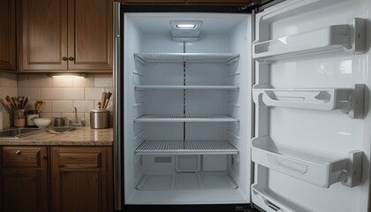 An open, empty refrigerator with white shelves sits in a kitchen with wooden cabinets and tile.