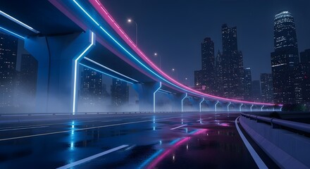 Obraz premium Futuristic City Highway - Neon Blue Pink Light Trails, Cyberpunk Transport, Dynamic Urban Energy, Fast Night Road, Sci-Fi Cityscape, Modern
