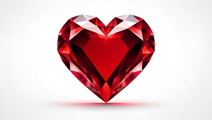 A faceted, crimson heart shimmers with depth and vibrant color against a stark white background.