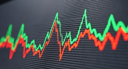 Stock market graph with green and red lines showing financial trends, investment data, and economic analysis on a digital screen display