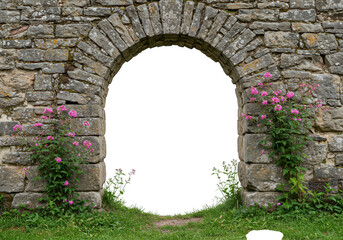 Fototapeta premium Stone archway with flowers and grass isolated on transparent background