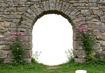 Stone archway with flowers and grass isolated on transparent background