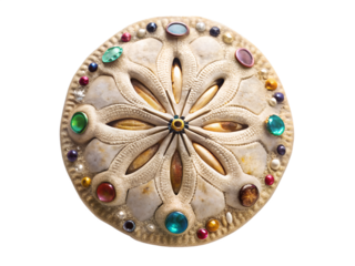 A decorative sand dollar adorned with colorful jewels, isolated on transparent background, showcasing its intricate pattern and unique design for a vintage aesthetic