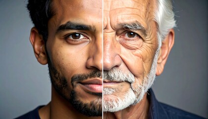 Juxtaposition of youth and age portraying generational contrast and life cycle stages