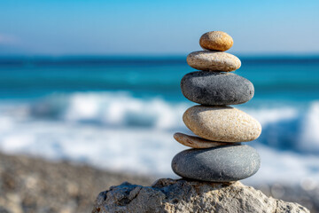 Smooth stones stacked in balance on rock by the sea with blurred waves background, classic symbol of balance and meditation, simple and powerful composition
