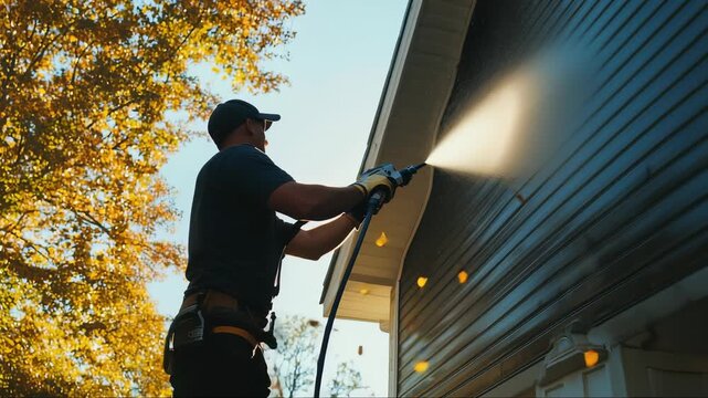 Man cleaning house exterior with pressure washer during autumn, surrounded by falling leaves in a sunny setting