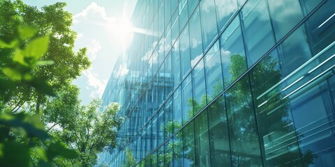 A modern glass office building reflects a bright, sunny sky and lush green trees. The building’s facade is predominantly glass, creating a shimmering effect. Sunlight streams through the windows,
