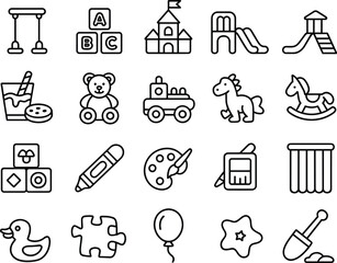 Kids toys, playground equipment, teddy bear, puzzle pieces, drawing tools, balloons, rubber duck, slide, rocking horse, children’s play icons