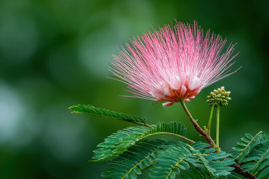 a pink calliandra against a green background