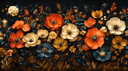 Fototapeta premium A vibrant tapestry woven with black, gold, and white floral motifs, creating a mesmerizing backdrop that evokes the elegance and mystery of a hidden forest 