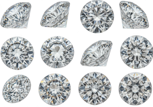 Collection of diamonds in various cuts and angles isolated on transparent background