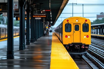 Modern urban train station platform with passenger waiting area, yellow train approaching, covered shelter, urban infrastructure, transit transportation