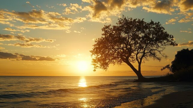 A silhouetted tree stands prominently against a vibrant sunset over the ocean. The sun, a brilliant golden orb, radiates light across the sky