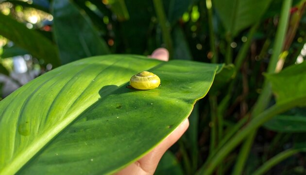 Macro shot showing a tiny yellow snail shell resting on a vibrant green leaf